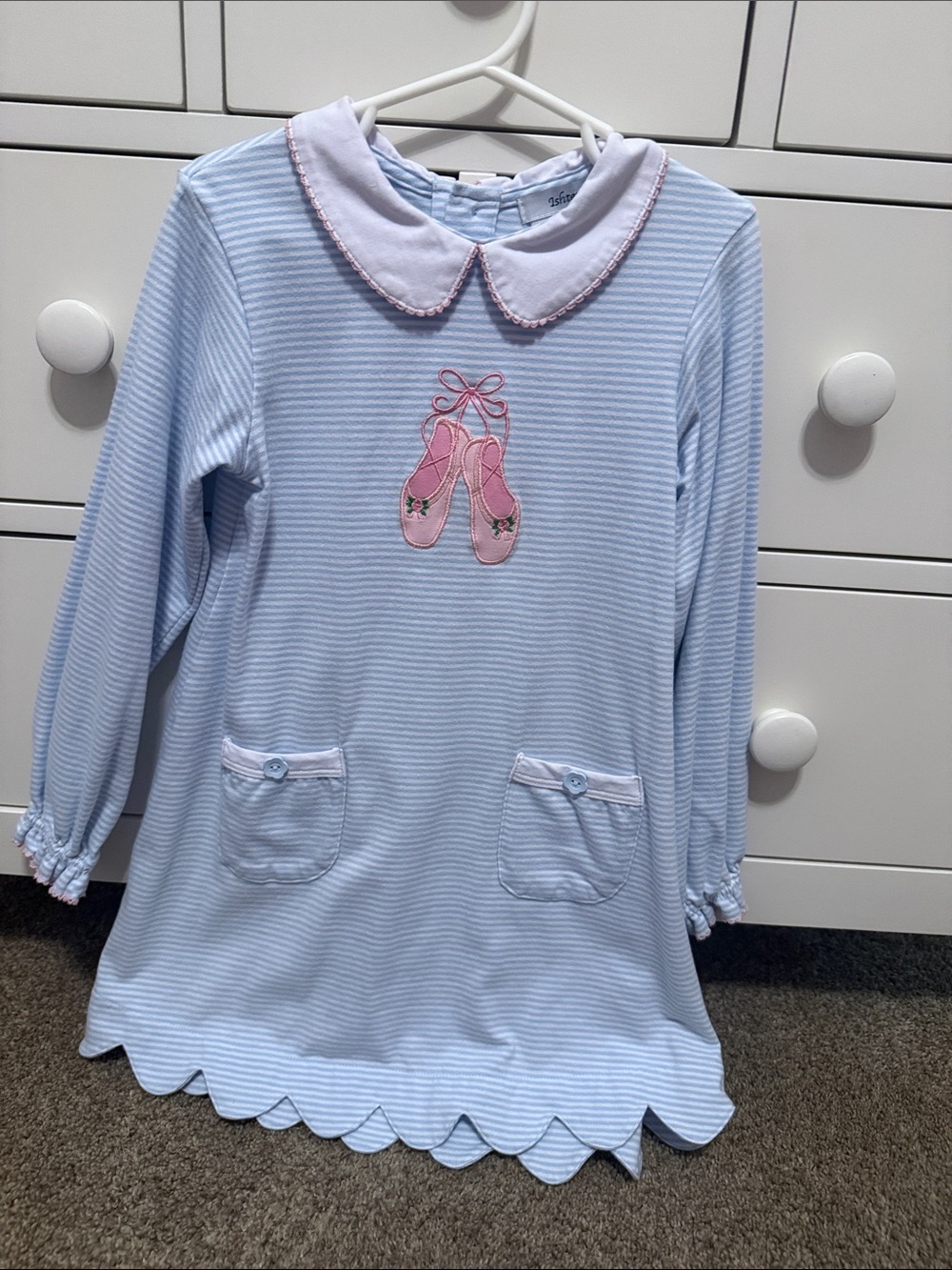 IshteGirls' Light Blue & Striped dress with Pink Ballet Slipper Appliqué